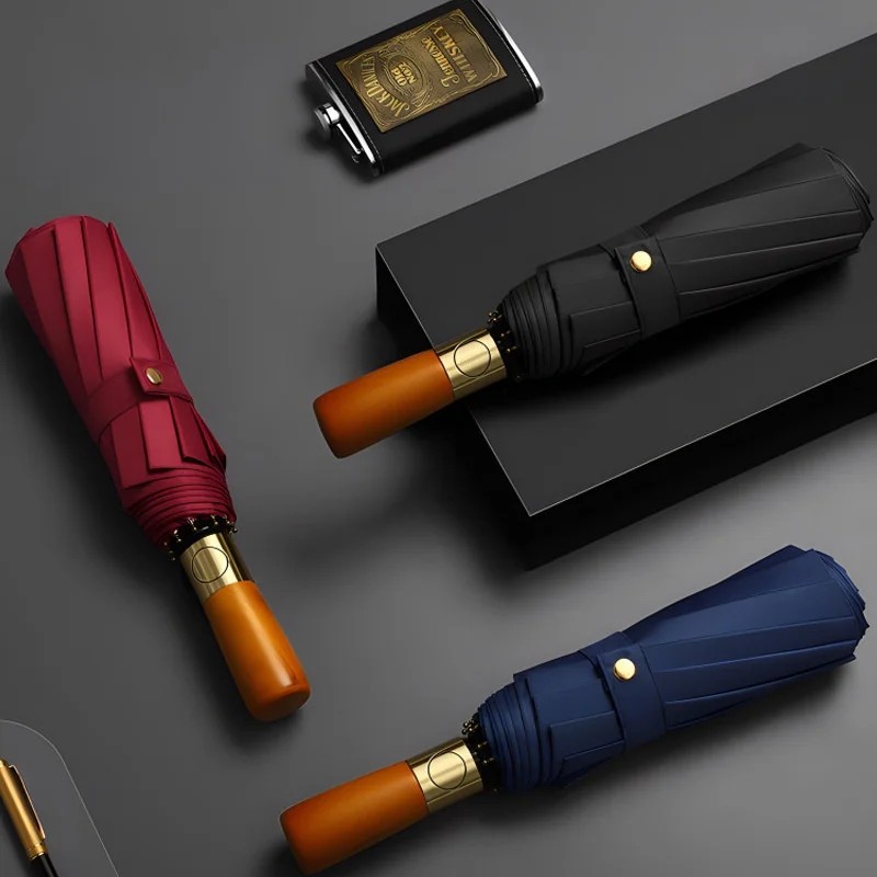 12-bone Fully Automatic Retro Umbrella Solid Wood Handle Black-coated UV protection Dual-purpose Sun Rain Foldable Umbrella