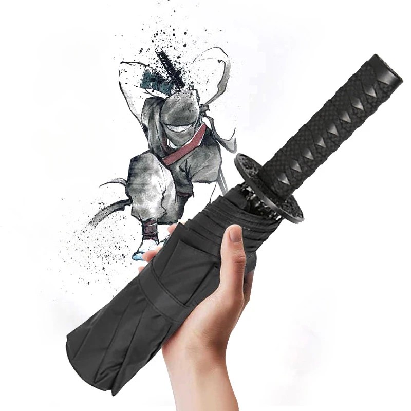 Creative Modern Three Fold Black Katana Sword Polyester Umbrella Semi Automatic Folding Travel Advertising Sunny Use Umbrella
