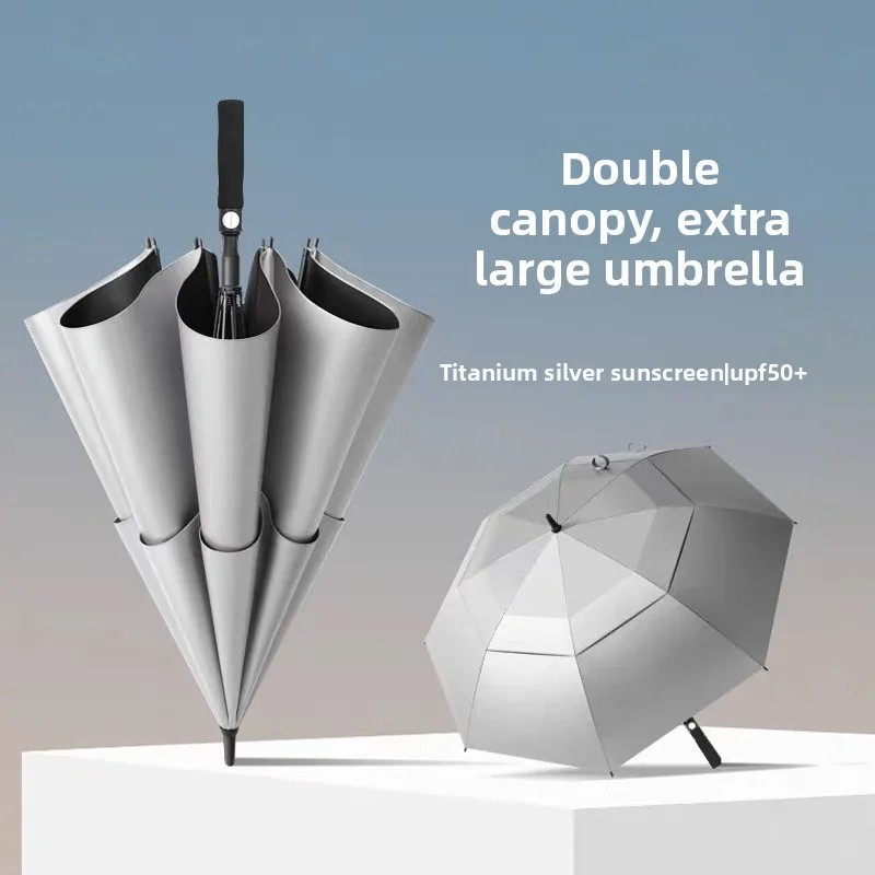 27Inch Titanium Silver Straight Handle Fully Automatic Umbrella 8Ribs Large Size Anti-storm UV Protection Modern Design for Rain