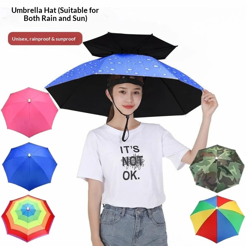 Adult Summer Rain Sun Protection Outdoor Fishing Black White Cheap Head Mounted Umbrella with Hat Polyester Wholesale