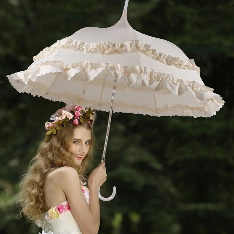 Two Tiered Lace Pagoda Princess Umbrella Lolita European Style Vintage Straight Umbrella UV Protection Semi Automatic Opening