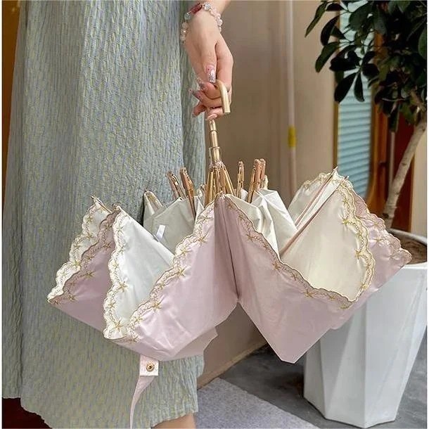 Embroidered Vintage Design Women's Sun Umbrella UV Protection Dual-use Sun Rain Curved Alloy Handle Folding Manual Opening