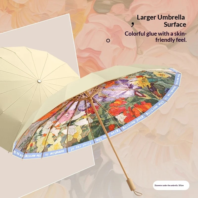 16Rib Colorful Glue Folding Umbrella with UVProof Sunshade Chinese Style Solid Wood Handle High Value Business Gift Umbrellas