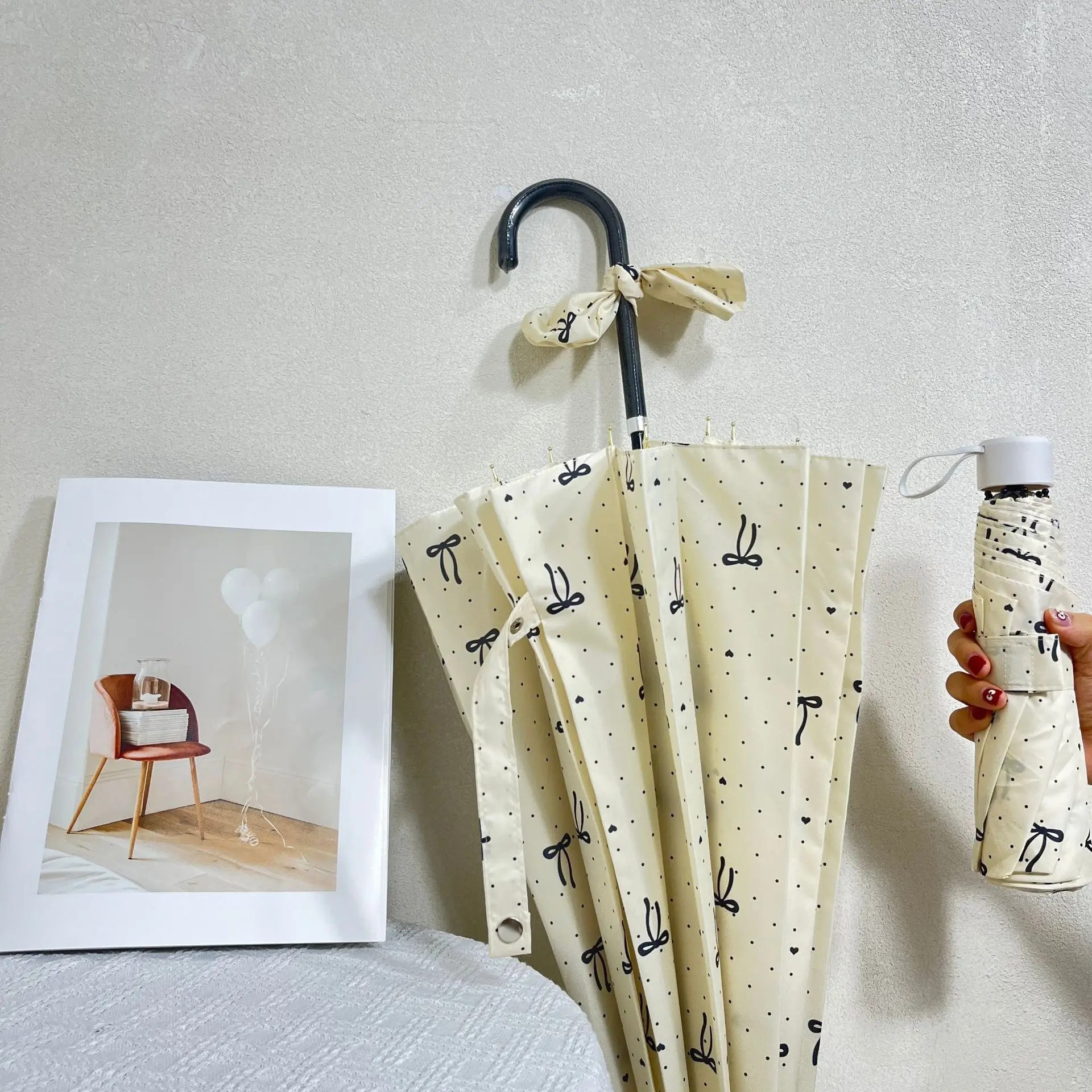 Polka Dot Automatic Long Handle Umbrella 16k Double Large Reinforced Windproof Straight Umbrella Rainproof Women High End Feel