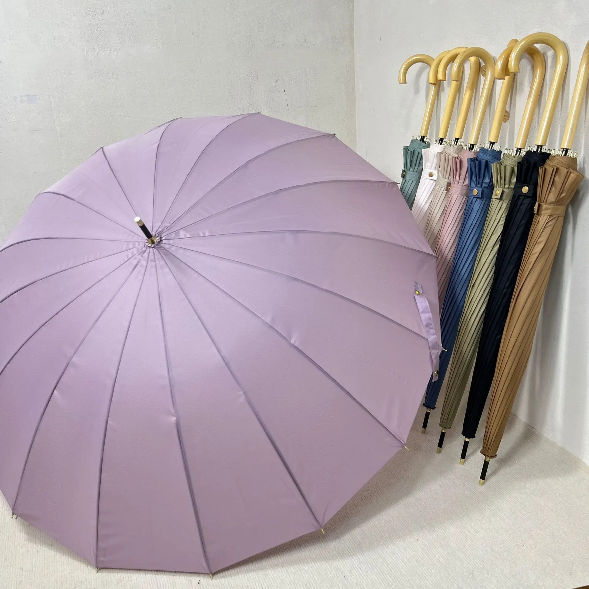 Japanese Long Handle Umbrellas Windproof Large Automatic Solid Color Wooden Curved Wholesale Straight Umbrella with Logo