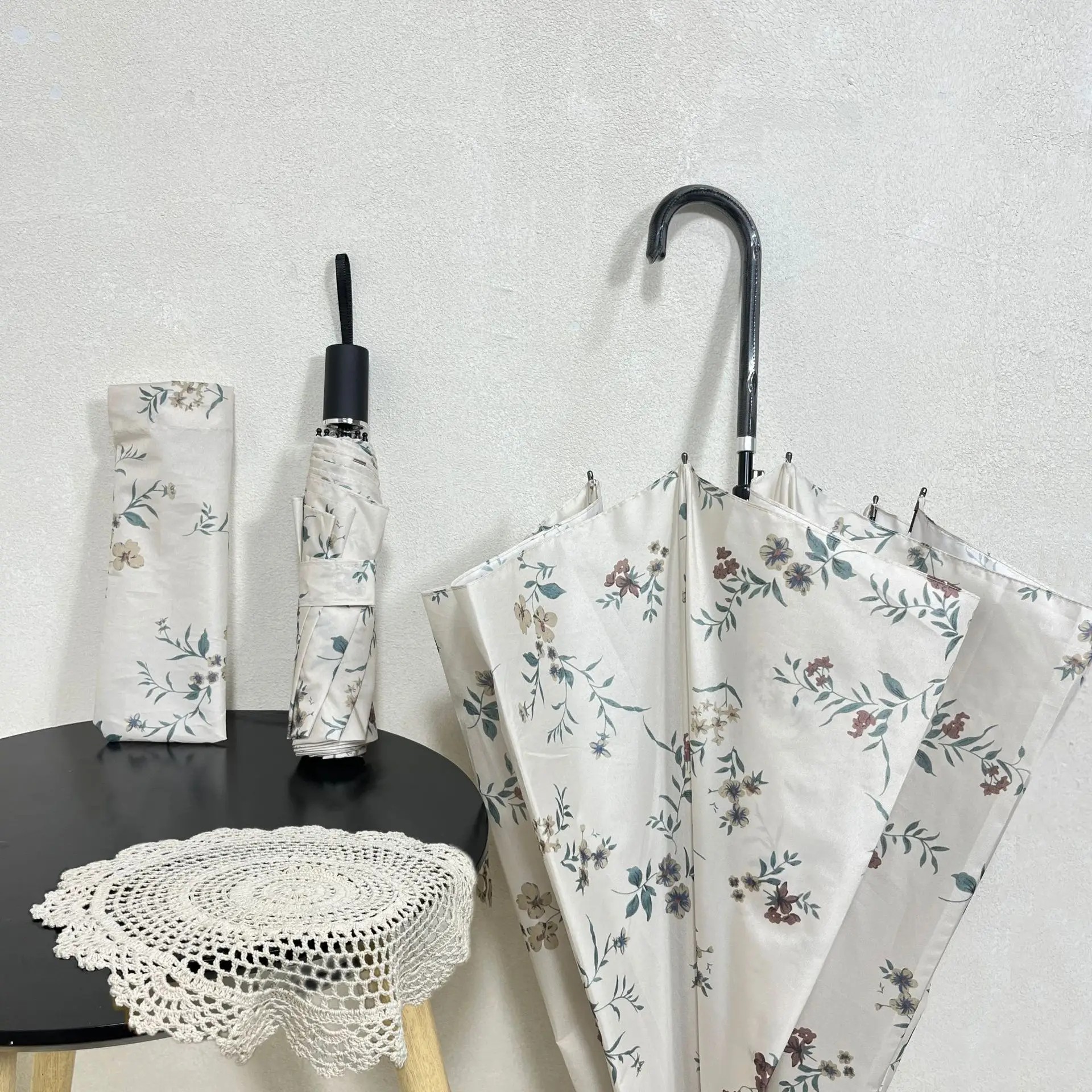 New Retro Floral Folding Umbrella High Value Women's Lightweight Rainproof Automatic Leather Handle 8Rib Long Handle Umbrella