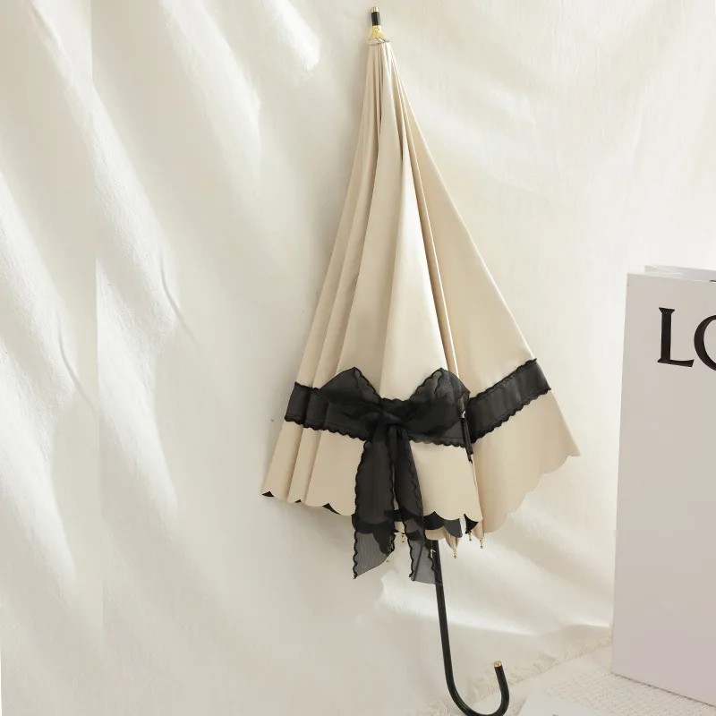 Ribbon Bowknot Manual Long Handle Princess Style Dual Use Umbrella Sun Rain Black Coating Sunshade UV Protection Umbrella Women