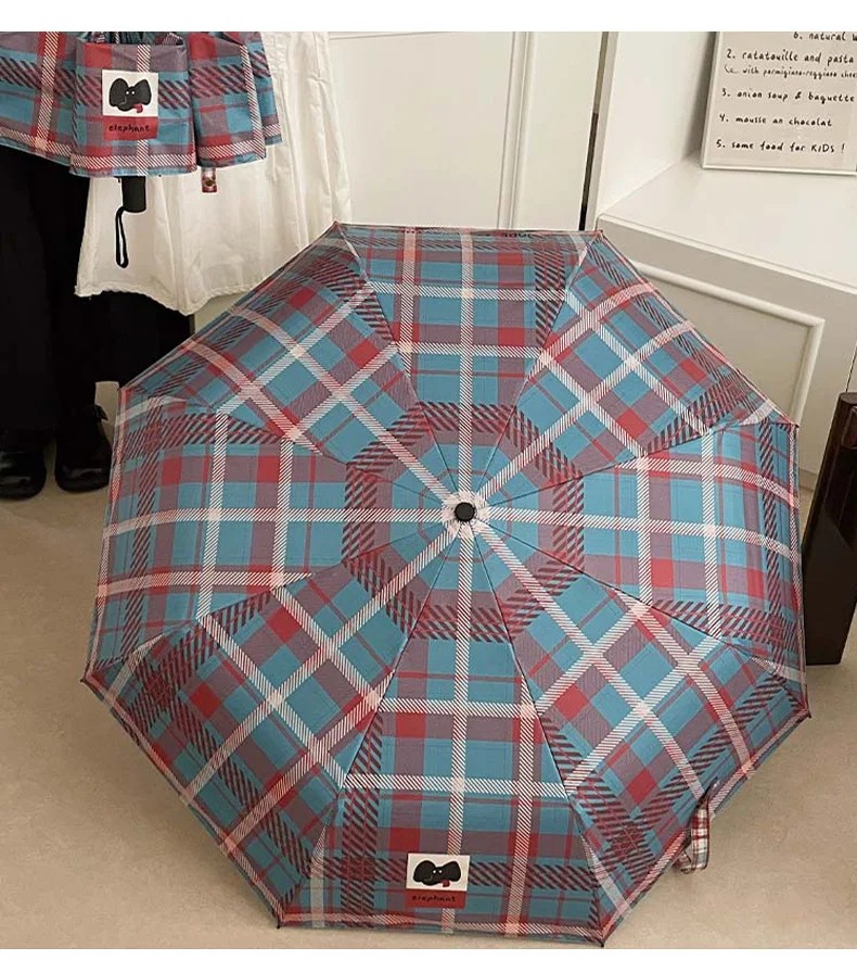 Grid Pattern Cute Folding Umbrellas Sun Protection UV Protection Dual-use Sunshade Umbrella Automatic Student Sun Umbrella