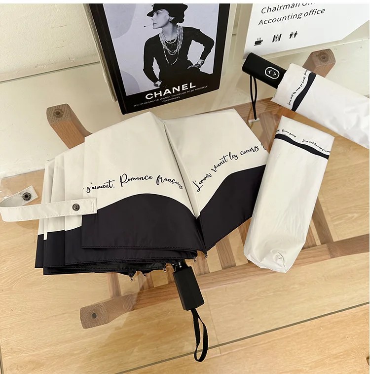 Romantic French Style Automatic Umbrellas Sun Rain Black White Trim Niche Design Sun Protection UV Protection Artistic Parasol