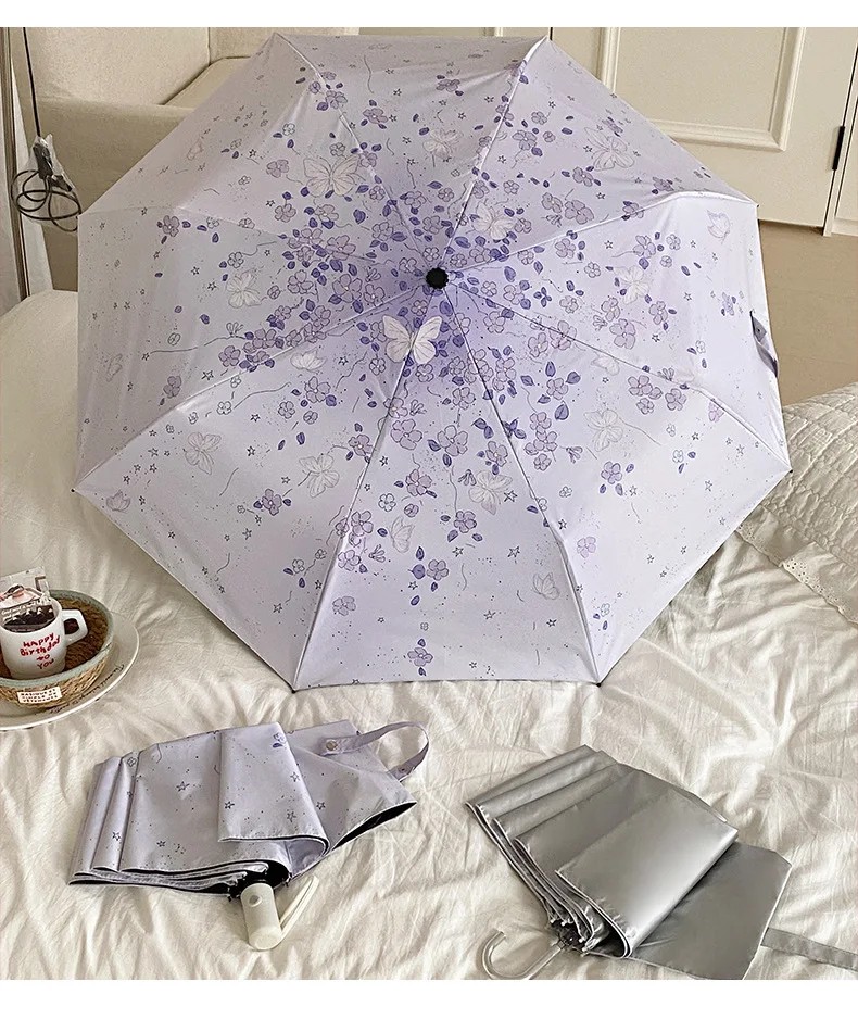 New Purple Floral Sunshade Umbrella UV Protection Foldable Dual Use Sun and Rain Portable Hook Umbrella for the Rain Paraguas