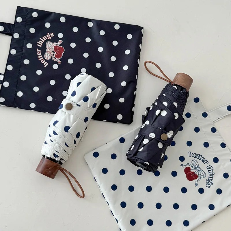 Retro Curved Hook Polka Dot Umbrella Dual Use Sun and Rain Black Coating UV Protection Sun Umbrella Women Large Size Windproof