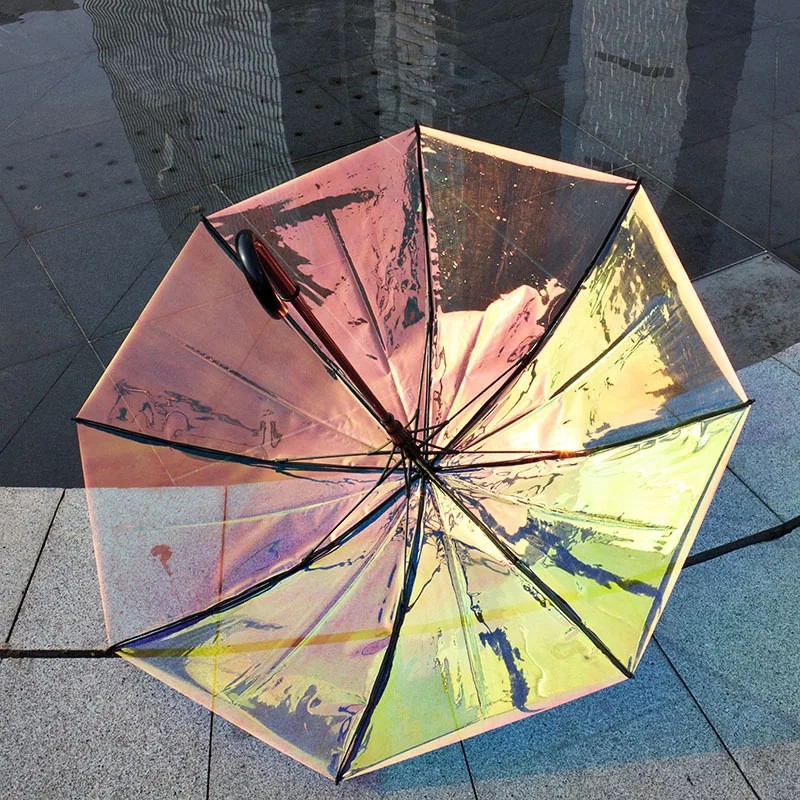 Household Straight Colorful Transparent Umbrella Thickened Laser Rainbow Film Long Handle Umbrella Manufacturer Wholesale