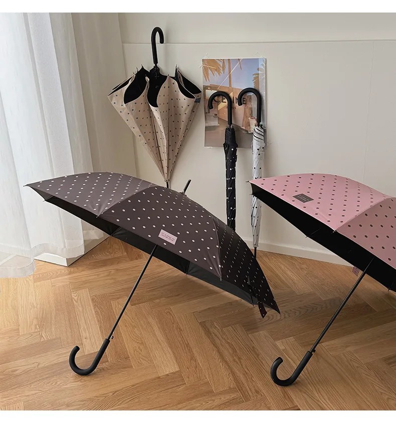 Korean INS High Value Polka Dot Long Handle Umbrella Reinforced Windproof Automatic Sun Protection Couple Straight Umbrella