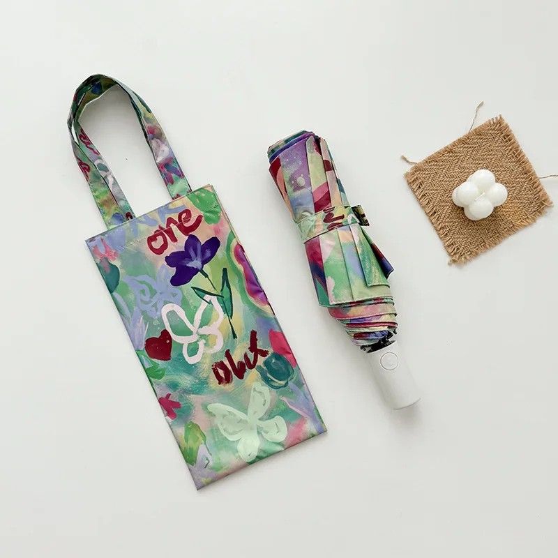 Designer Style Oil Painting Compact Portable Sun Protection Umbrella Large Manual Card Folding Dual-use Umbrella for Sun Rain