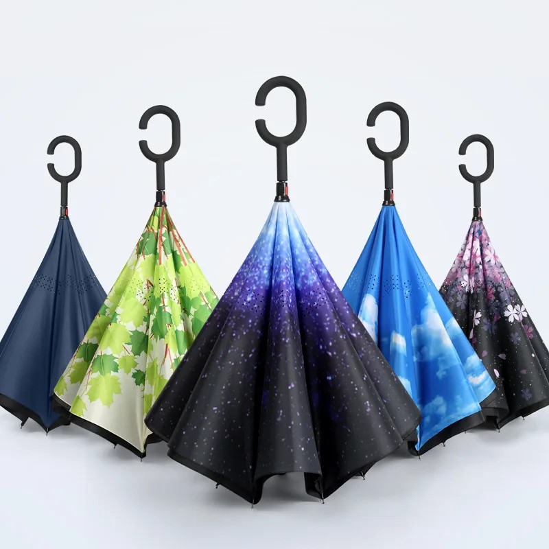 Reverse Umbrella Long Handle Straight Rod Stand Able Shaped Reverse Large Double Car Umbrella Sun Rain Gift Printing Advertising