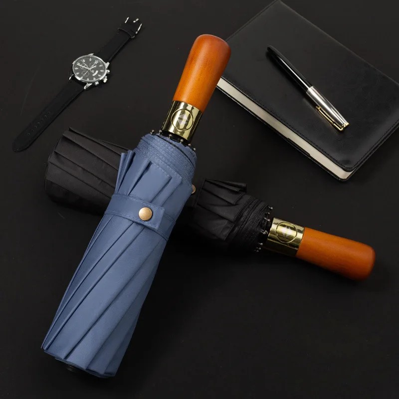 Dual Use Automatic Gentleman Wooden Handle High-End Folding Umbrella for Men, Business Double Large Extra Large Wind Resistant