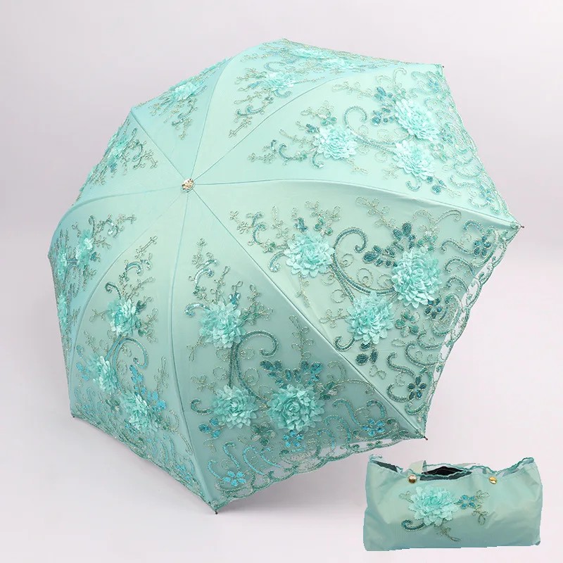 Sun Umbrella for Women UV Protection Lace Embroidery Double Layer Foldable Dual-use for Sun and Rain Princess Style Parasol