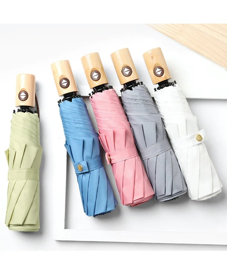 Creative Fresh Style Automatic Umbrella Simple Solid Color Wooden Retro Business Umbrella Men Women with Custom Logo Printing