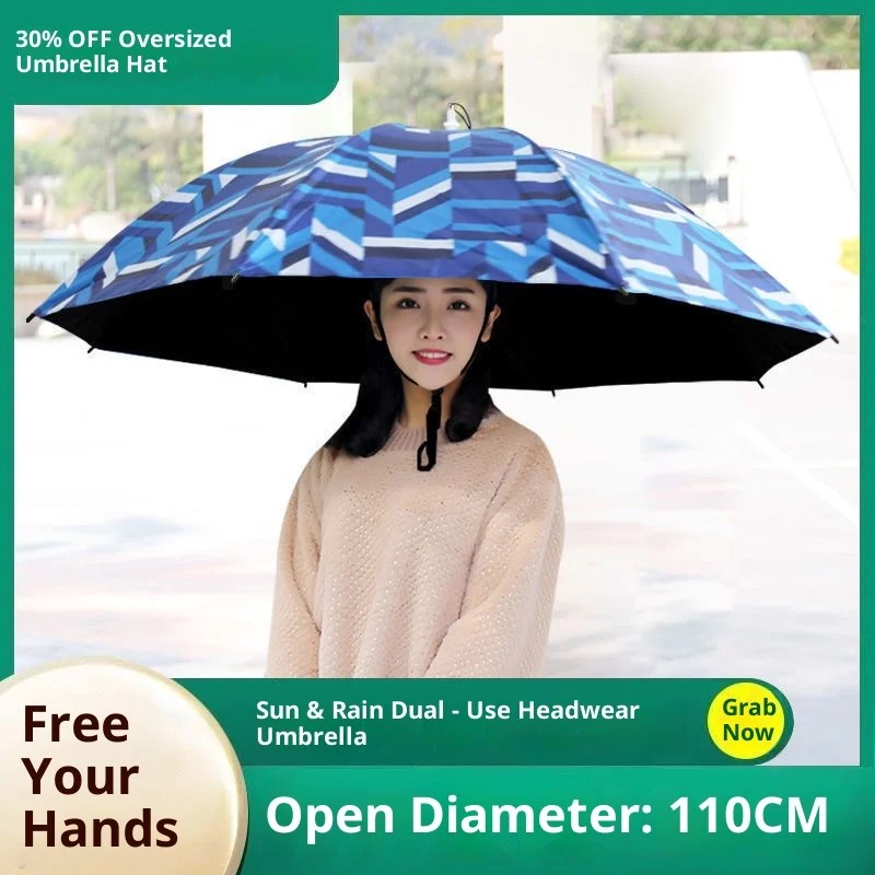 Head Wearing Three Fold Iron Ribs Impact Cloth Extra Large All Weather Hat Umbrella Hat for Fishing Photography Tea Picking