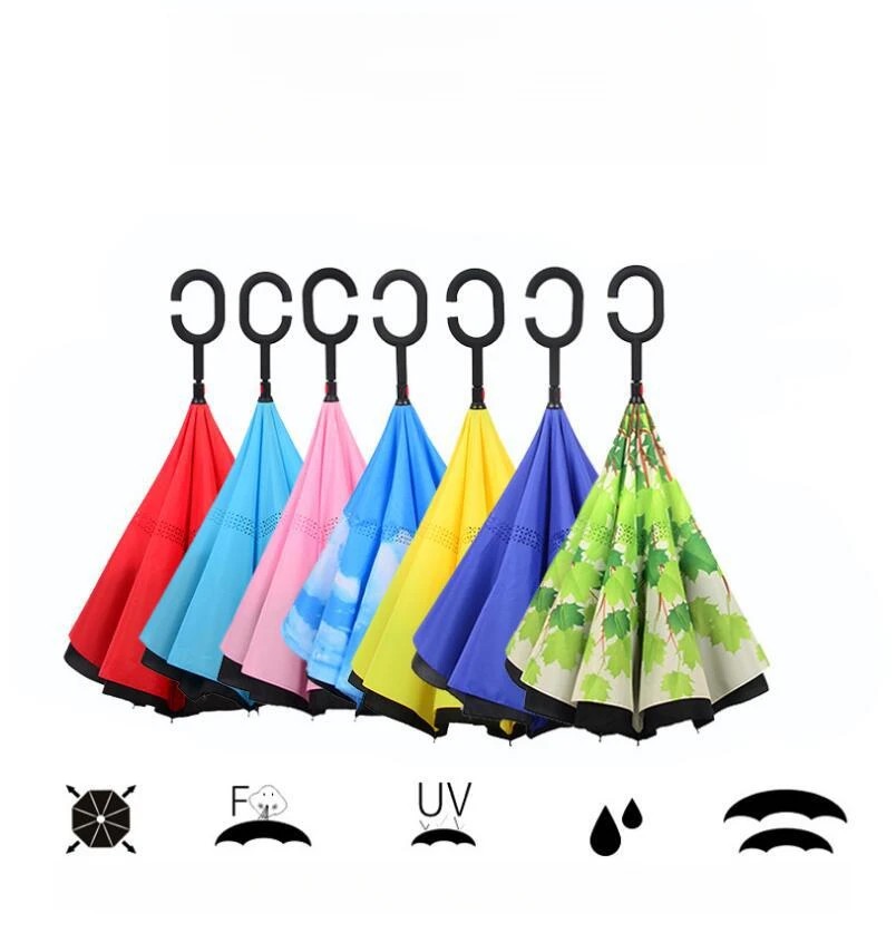 Creative Standing Long Hands Free C Shaped Reverse Umbrella Cartoon Double Layer Umbrella Car Umbrellas with Logo Printing