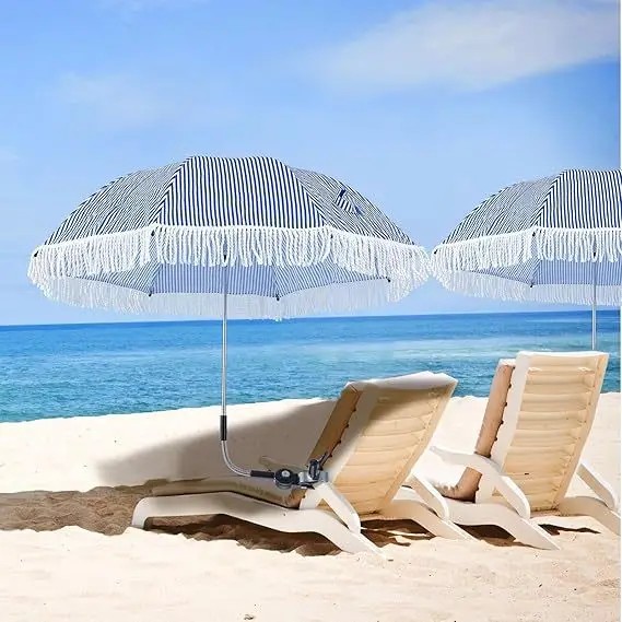 34inch Blue and White Striped Clamp Umbrella Beach Chair Sunshade Umbrella with Tassels Adult Outdoor Chair Umbrella