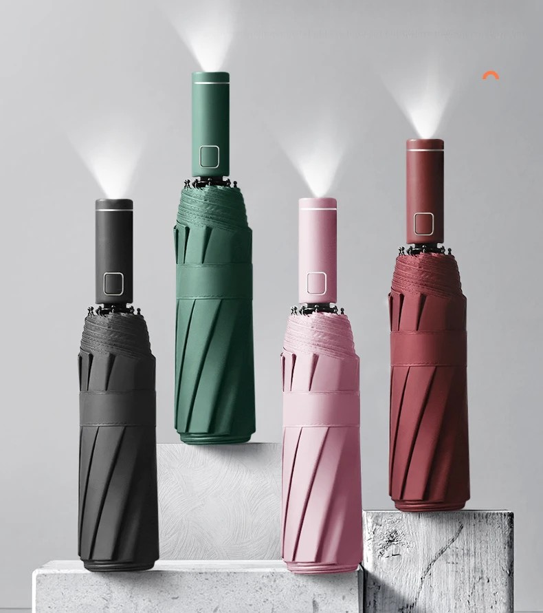 Creative LED Flashlight Reverse Umbrella Reflective Edge Business Umbrellas for Sun Rain with Logo Printing Advertising Umbrella