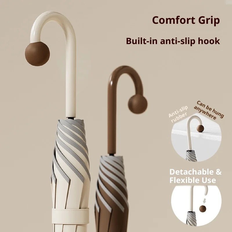 Japanese Style Long Handled Umbrella Women Fresh Simple Rounded Corners Safe Straight Pole Rainproof Maillard Reinforced