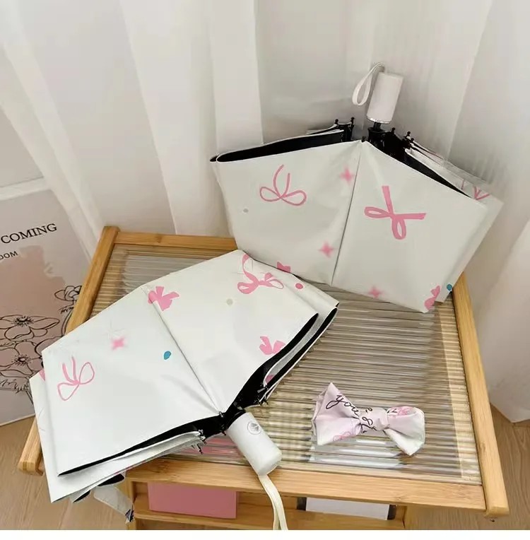Gradient Heart Bowknot Automatic Umbrella Women for Sun and Rain Black Coating UV Protection Foldable Umbrella Sunshade Umbrella
