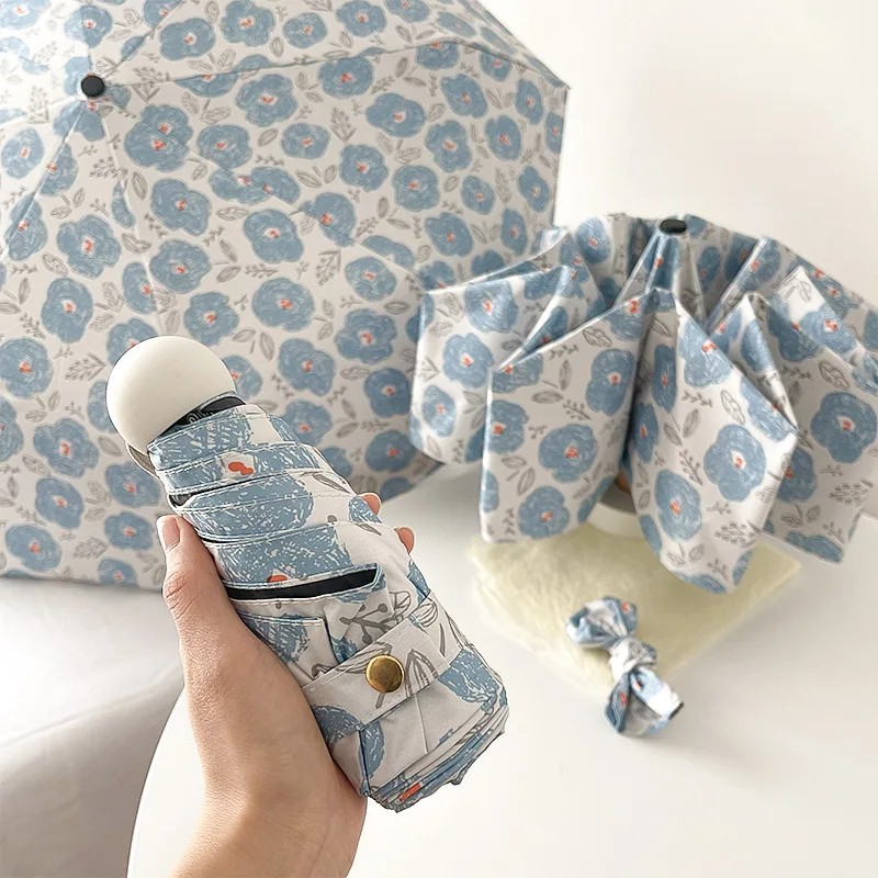 Japanese  Korean Style Blue Floral Automatic Umbrella Black Coating Sun Rain UV Protection Foldable Portable Sunshade Umbrella