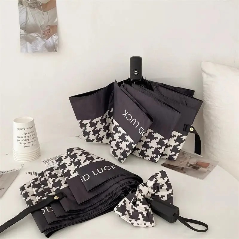 Vintage Houndstooth Automatic Folding Umbrella Women Dual use for Sun and Rain UV Protection Sunshade Black Coating Waterproof