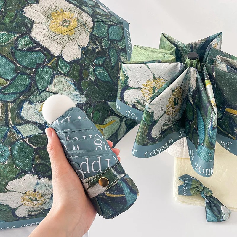 Green Oil Painting Flowers High Value Automatic Umbrella for Women Black Coating UV Protection Sunshade Umbrellas for the Rain