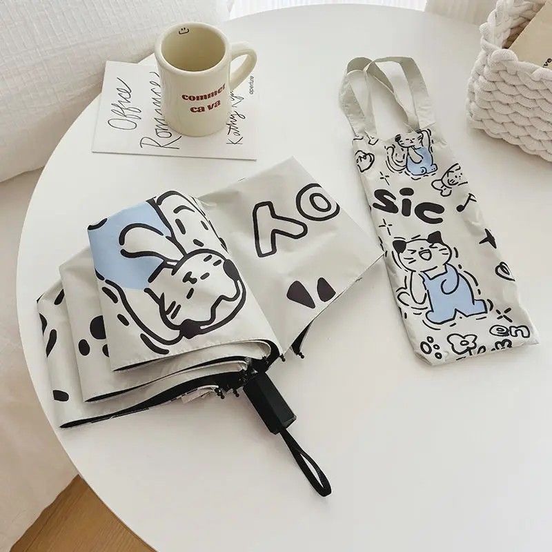 Musical Cat Cute Automatic Umbrella Women Dual Use Sun and Rain Black Coating Cartoon Sunshade Foldable Student Sun Umbrella