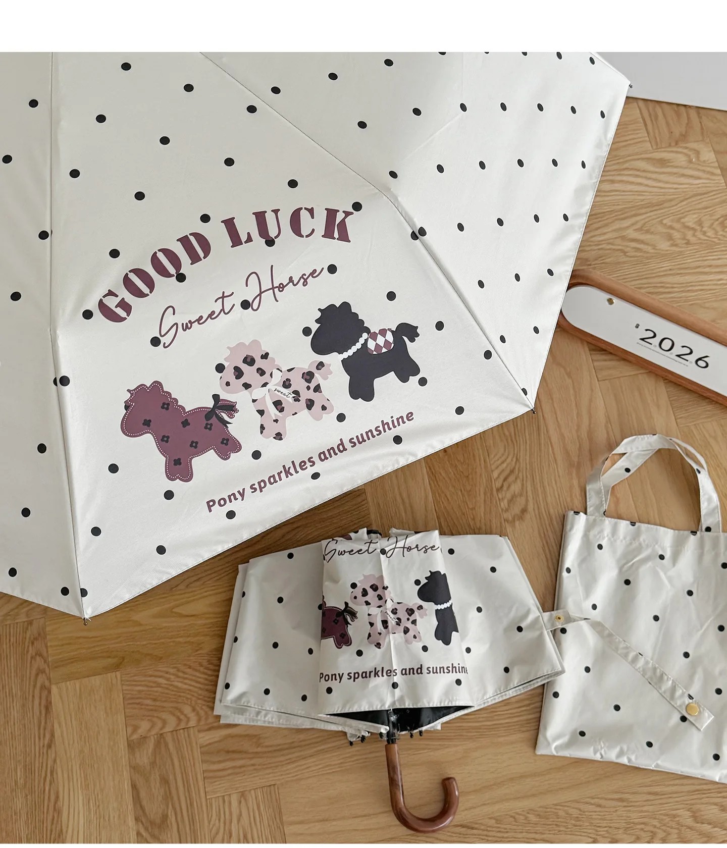 Polka Dot Pony Curved Handle Polka Dot Umbrella Wome Dual Use for Sun and Rain Black Coating UV Protection Foldable Umbrella