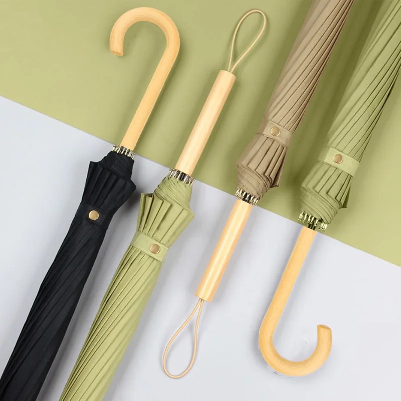 Long Handle 16 Rib Umbrella Automatic Simple Fresh Style Wooden Handle Sun and Rain Umbrella Advertising with Logo Printing