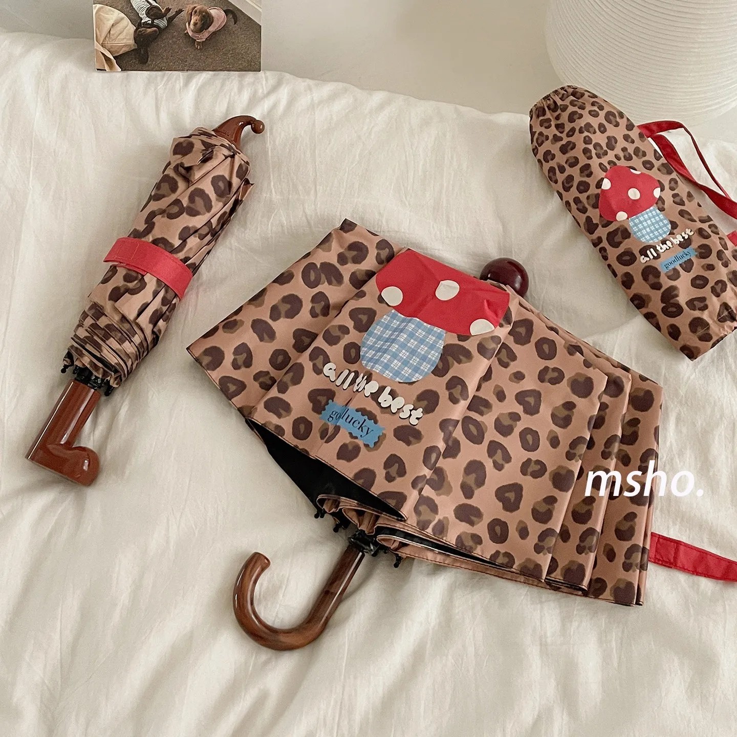 Small Boots Leopard Print Retro Hook Umbrella for Women High-Value Ins Style Dual-Use for Sun and Rain UV Protection