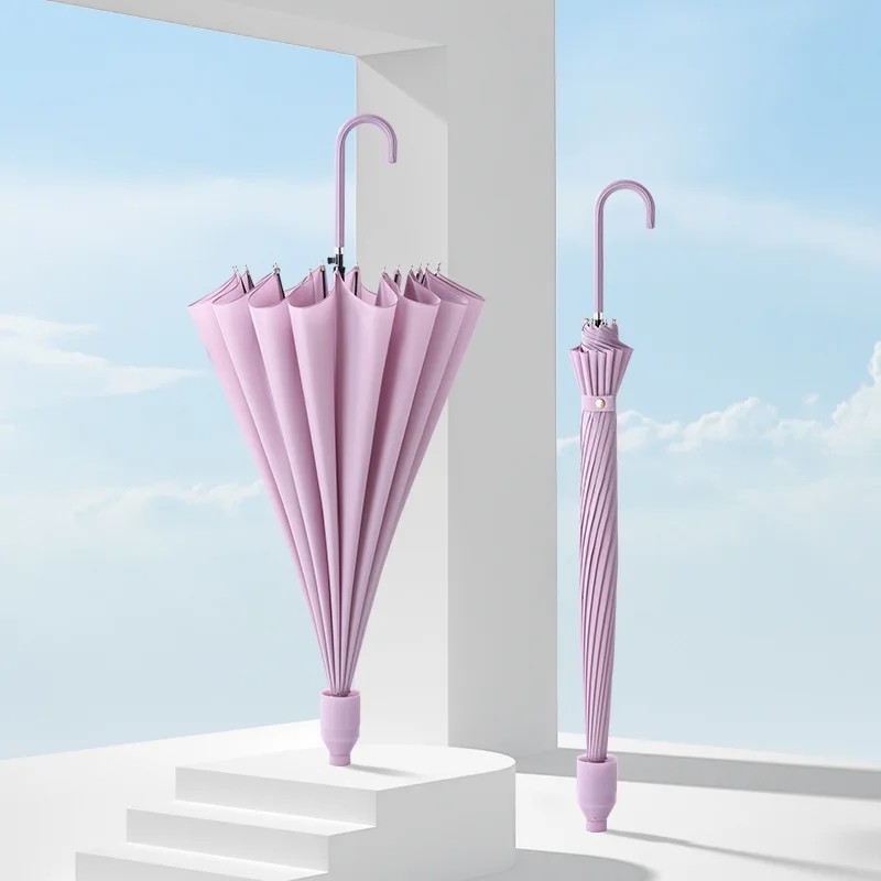 16 Rib Waterproof Umbrella with Long Handle Simple Straight Umbrella Solid Color Japanese Style Retro