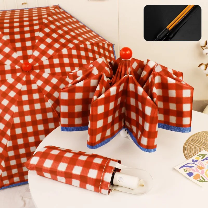 High Aesthetic Value Girls Dual Use for Sun and Rain Ins Style Niche Checkered Pattern Convenient Parasol Students Umbrellas