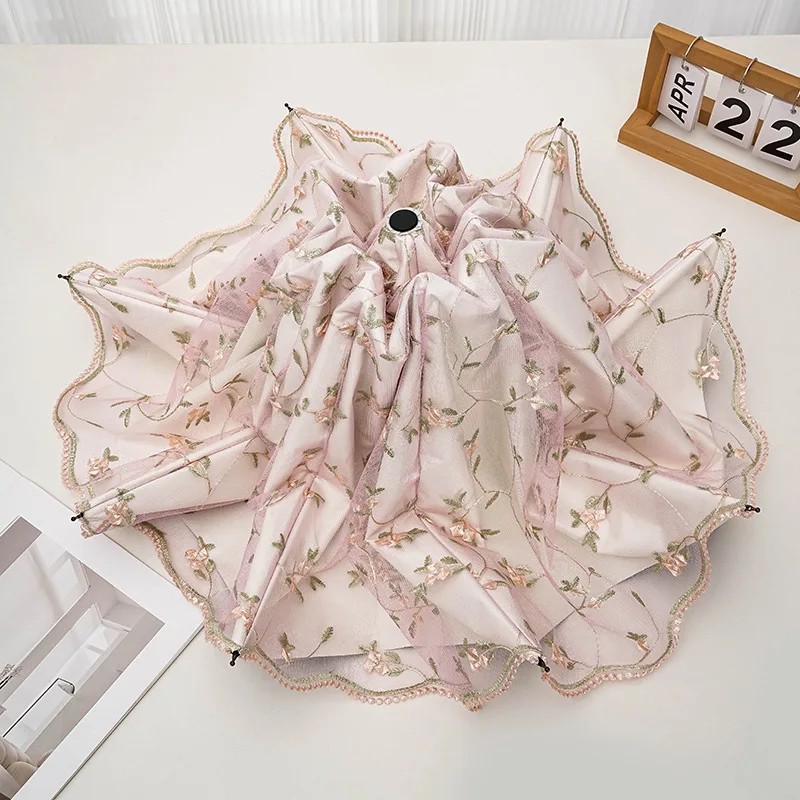 Double Layer Lace Embroidered Women UV Protection Princess Umbrella Vintage Sunshade Foldable Dual Use Umbrella for Sun and Rain