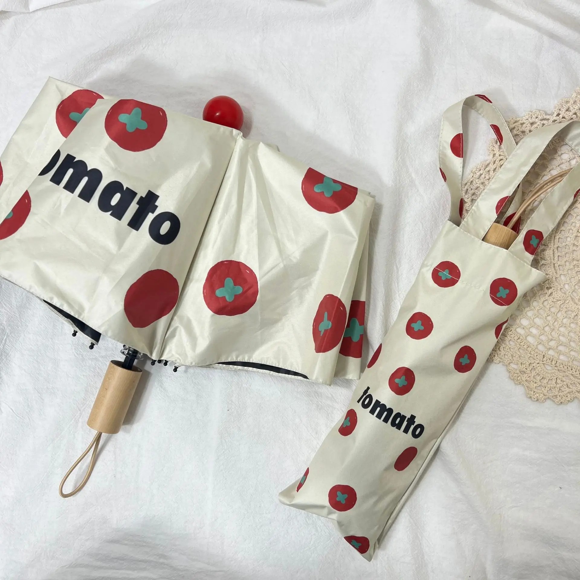New Red Nose Sun Protection Umbrella Fresh Tomato Polka Dot Handheld Umbrella Student Umbrella Unisex Niche Folding Umbrellas