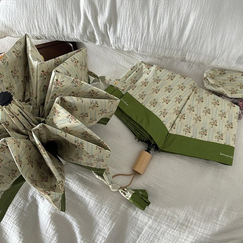 Japanese Matcha Floral Parapluie Sunshade Umbrella Dual-use for Sun and Rain UV Protection Foldable Umbrella Pastoral Style