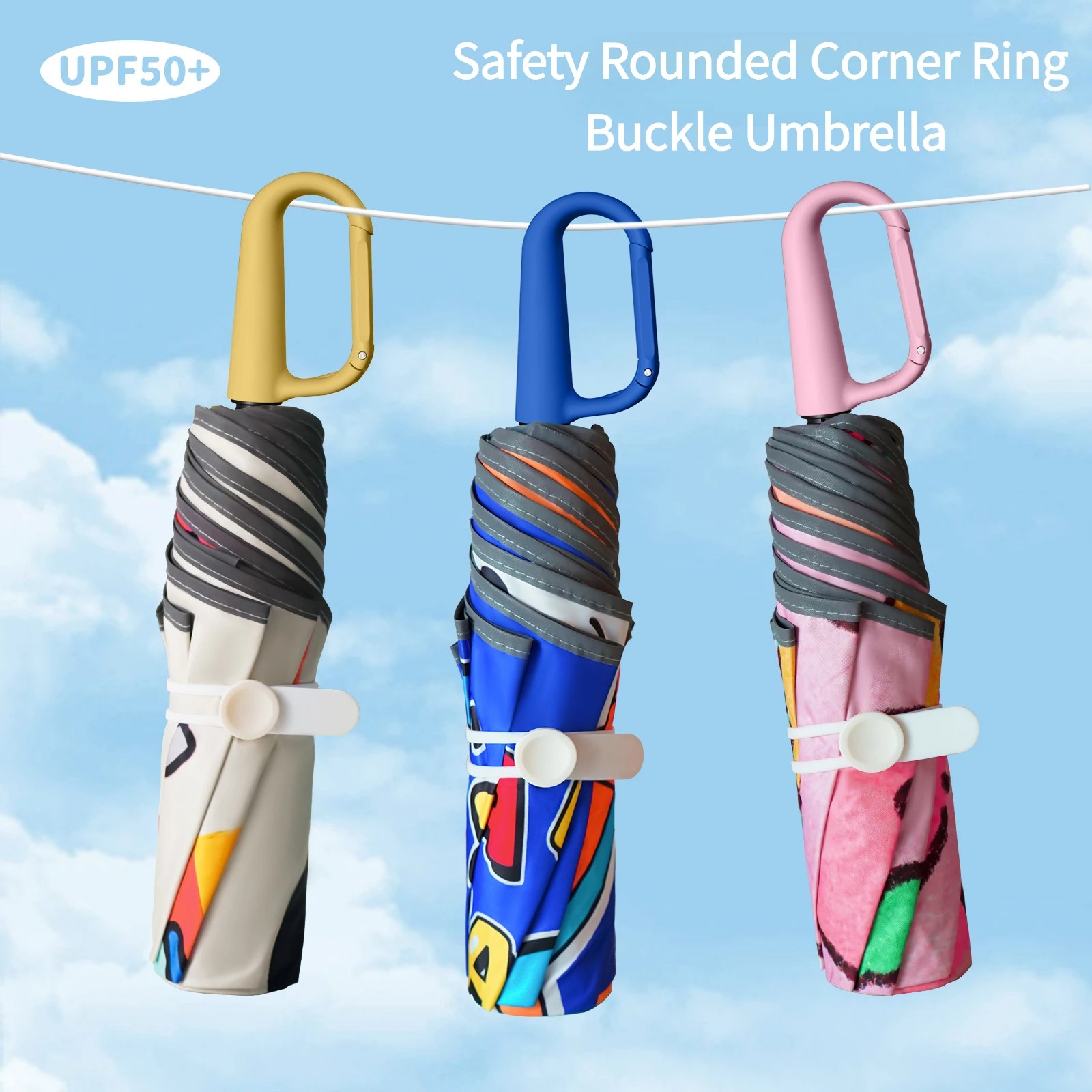 Children's Ring Buckle Umbrella Rounded Safe Tips UV Sun Protection Lightweight Windproof Design for Primary School Boys Girls