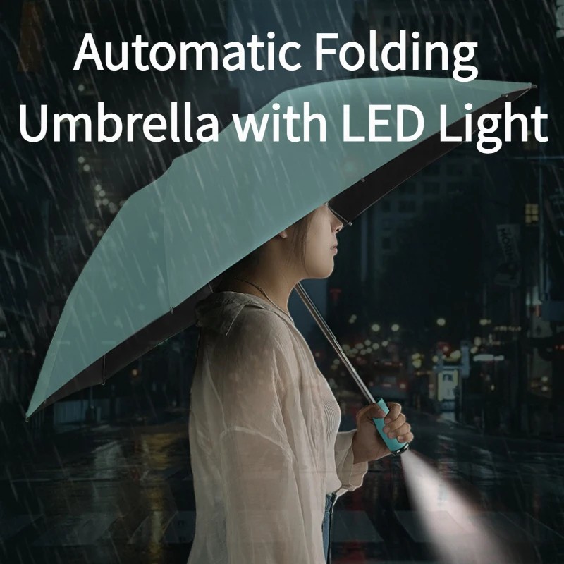 Automatic Business Men's Folding Umbrella Women's Large Size with Flashlight LED Light Umbrella Sun Protection Parasol
