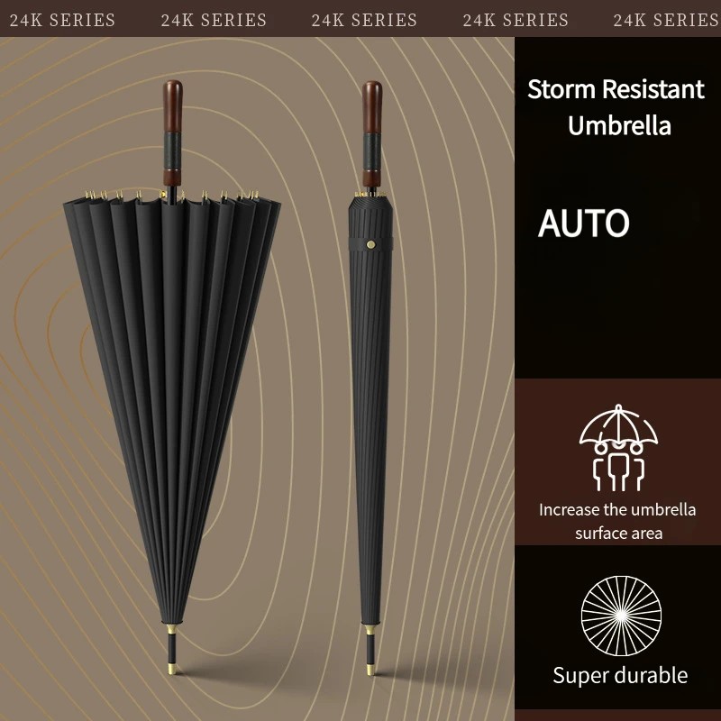 24-Rib Umbrella Long Solid Wood Handle Large Reinforced Windproof Stormproof Durable Business Straight Umbrella Custom Logo
