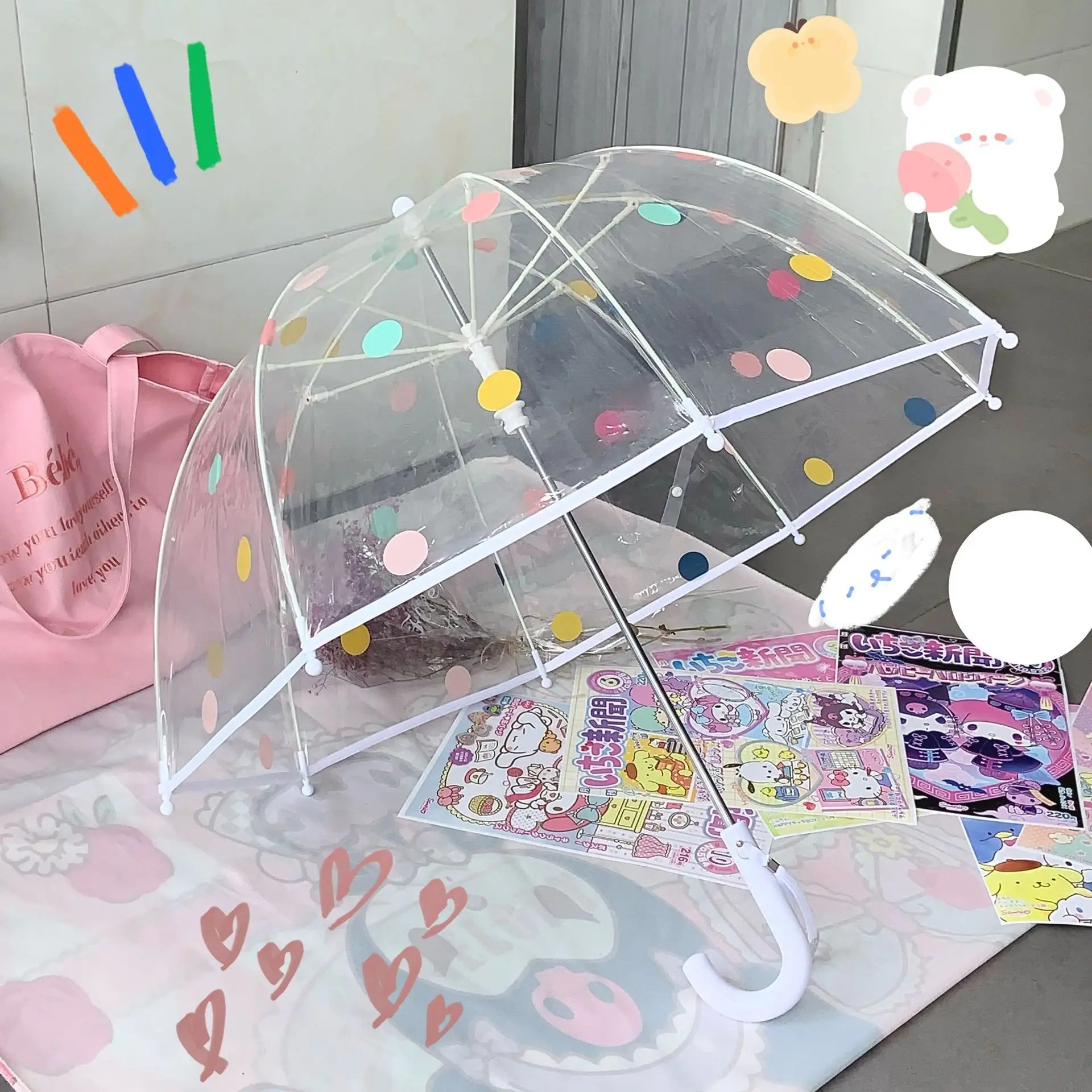 Cute Children's Girls Transparent Colorful Umbrella Arch Shaped Elementary School Student Photo Fiber Baby Cartoon Lightweight