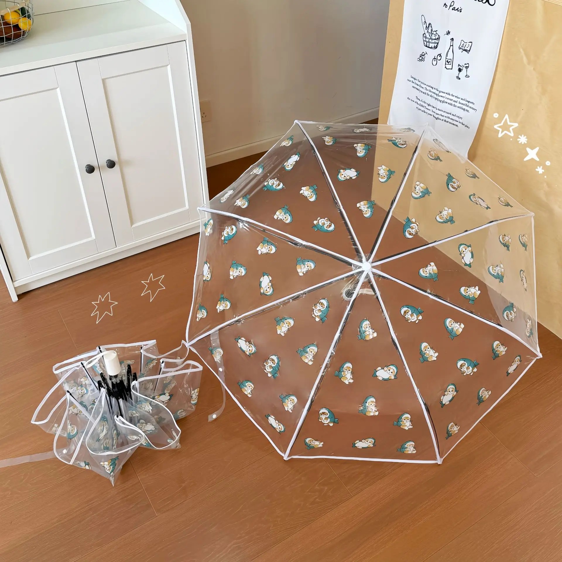 Japanese Style Cute Shark Cat Transparent Umbrellas Long Handle Folding Automatic High-Value Children's School Use Fresh Style