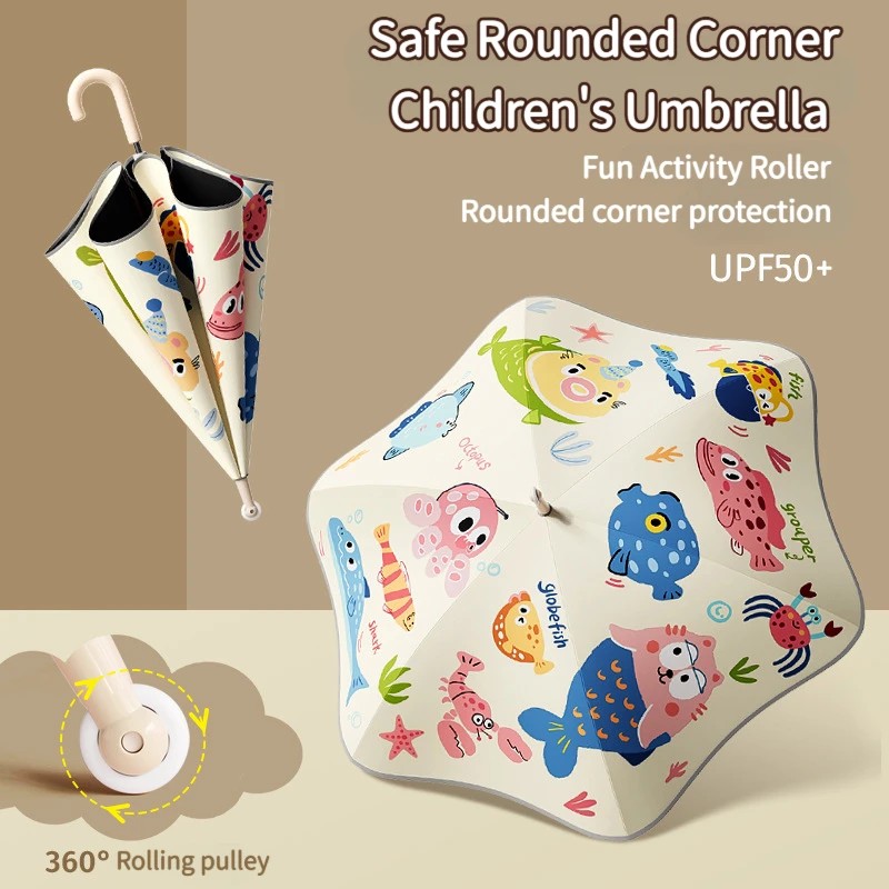 Children's Umbrella Rounded Edges Roller Long Handle Boys Girls School Use Safety Black Coating Sun Protection Cartoon Design