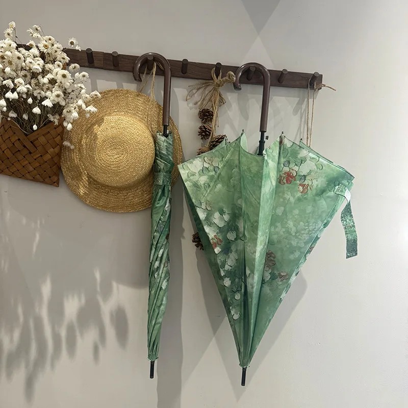 Long Handle Umbrellas Sturdy Wind-Resistant Double Reinforced Curved Handle Dual-Use for Sun and Rain Straight Rod Ambrellah