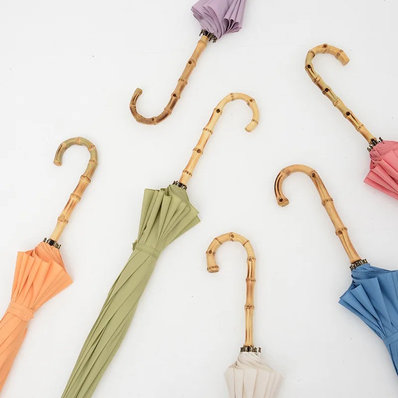Wholesale Premium Women's Bamboo Handle Umbrella Festival Style Plain Color Business Gift Advertising Umbrellas for the Rain