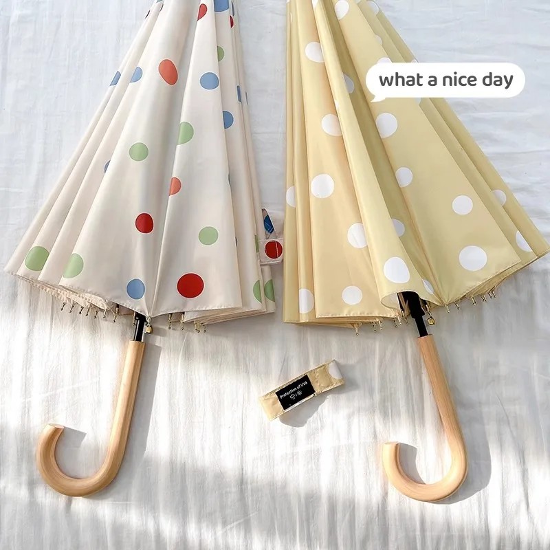 Long-handled 16-rib Polka Dot Umbrella, Premium Korean Style, Wind-resistant, Dual-purpose Sun and Rain, Suitable for Two People
