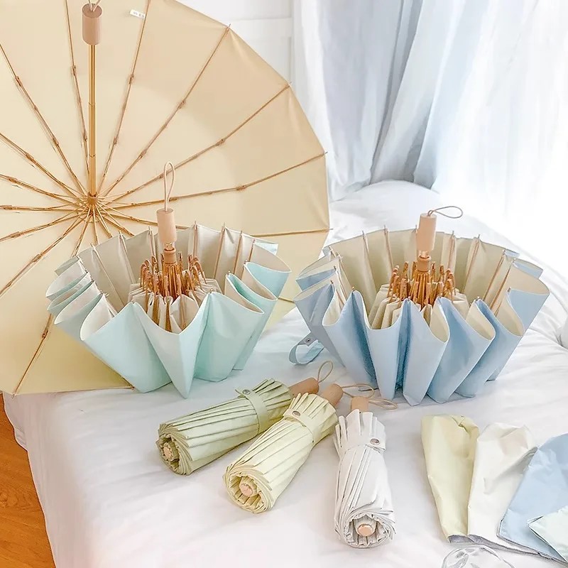 16-Rib Colorful Glue Folding Umbrella, Large Reinforced Dual-Use Sun Umbrella, Sun Protection, UV Protection, Large Size